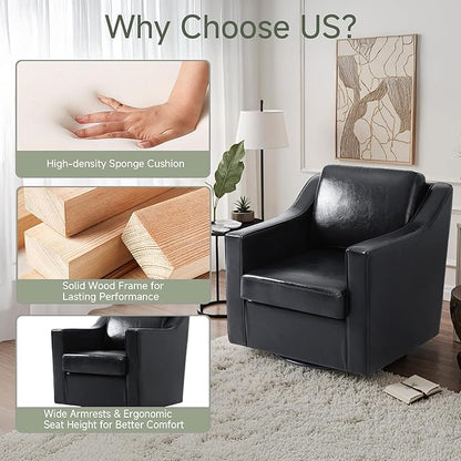 UIXE Swivel Accent Chair Set of 2, Faux Leather Upholstered Arm Chair for Living Room, Modern Club Armchair Comfy Single Sofa Bedroom Reading Seat with Lumbar Pillow - Black