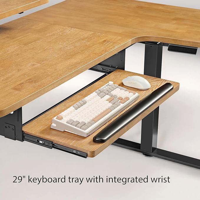 EUREKA ERGONOMIC L Shaped Standing Desk w Keyboard Tray,61" Electric Corner Standing Desk, Computer Desk w LED Monitor Stand,Dual Motor,Solid Wood,Left/Oak