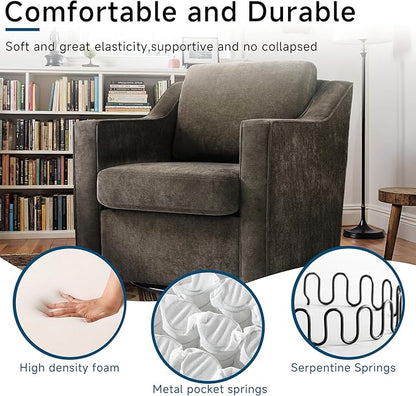 Pia Ricco 2-Pack Plush Oversized Chenille Fabric Swivel Accent Chairs with Removable Covers, Living Room Reception Bundle Set,Night Brown Black