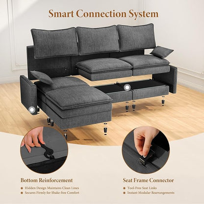 Vesgantti 108" Sectional Sleeper Sofa, 6-Seater Oversized Modular Cloud Couch with Movable Ottoman, Chenille Large Sofa Bed Convertible Deep Seat Couches for Living Room, Bedroom and Apartment, Gray