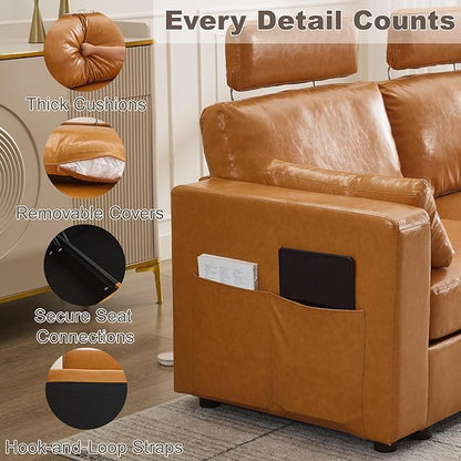 98.2" Modular Sectional Storage Couch, Oversized Faux Leather L Shaped Couch, Modern Cloud Upholstered Sofa with Headrest & Side Pocket, Sectional Sofa for Living Room Apartment Small Spaces, Brown