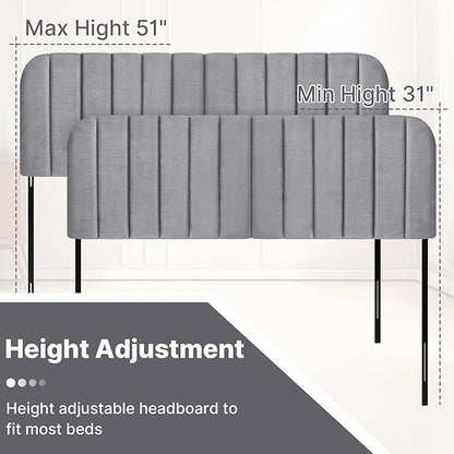 Upholstered Headboard - Striped Interval - Adjustable Height - Metal Legs - Bed Frame (Grey, King (U.S. Standard))