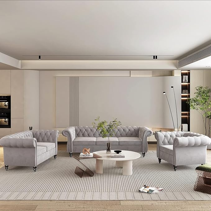 Chesterfield 3 Seater Sofa, Modern Velvet Tufted Couch 3 Seater with Rolled Arms and Nailhead Mid-Century Upholstered Couch for Living Room, Bedroom, Apartment and Office, Grey
