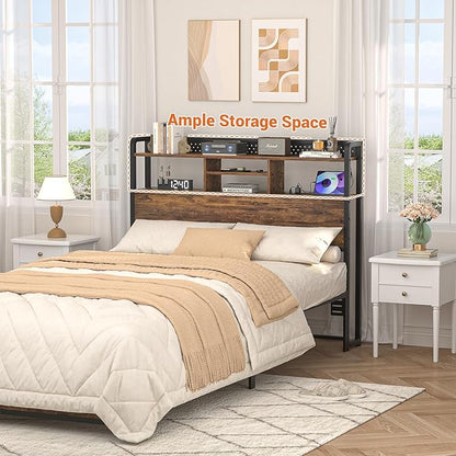 Unikito Headboard for Twin Size Bed with Storage Shelf, Head Board with 3 Outlets and 2 USB Ports, Headboards with RGB LED Light, Height Adjustable, Sturdy and Stable, Easy Assembly, Rustic Brown