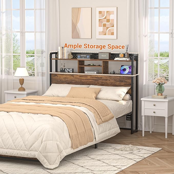 Unikito Headboard for Full Size Bed with Storage Shelf, Head Board with 3 Outlets and 2 USB Ports, Headboards with RGB LED Light, Height Adjustable, Sturdy and Stable, Easy Assembly, Rustic Brown