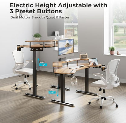 EUREKA ERGONOMIC Standing Gaming Desk with Dual Motor,63" Wing Shaped Computer Desk w Mouse Pad, Electric Adjustable Height Table w LED Monitor Stands,Slot Design,Walnut