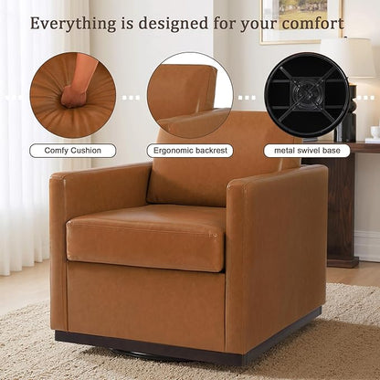 UIXE Faux Leather Swivel Accent Chairs Set of 2, Upholstered Armchair Comfy Club Chair for Living Room, Mid Century Modern Arm Chair Single Sofa Nook Bedroom Side Reading Seat - Light Brown