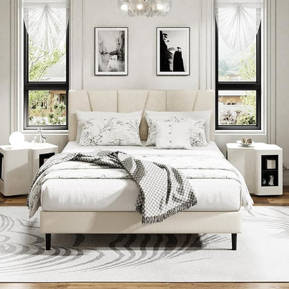 Queen Size Platform Bed Frame with Upholstered Headboard, Wooden Slats Support, Noise Free, No Box Spring Needed, Easy Assembly, Beige, Velvet