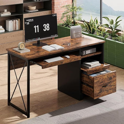 Bestier 47" Computer Desk with Drawers, Home Office Desk with Keyboard Tray, Reversible Industrial Office Desk with Storage Cabinet for Small Space Home Office & Studio, Rustic Brown