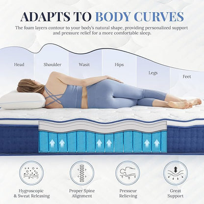 Full Size Mattress, 14 Inch Full Hybrid Mattress in a Box, Medium Feel Foam and Individual Pocket Springs, Extra Edge Support, Pressure Relief, CertiPUR-US, Blue
