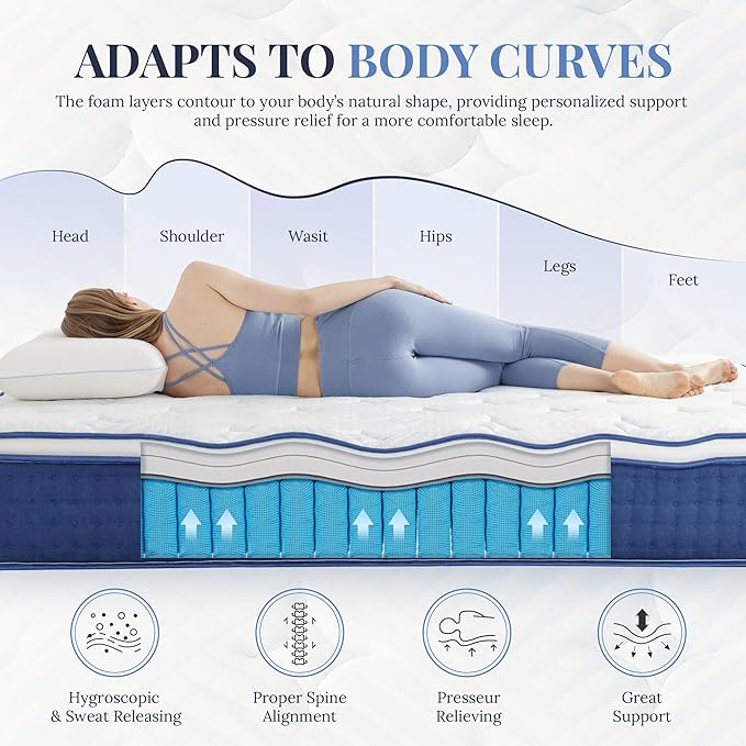 Twin Mattress, 12 Inch Twin Size Hybrid Mattress in a Box, Medium Feel Foam and Individual Pocket Springs, Extra Edge Support, Pressure Relief, CertiPUR-US, Blue