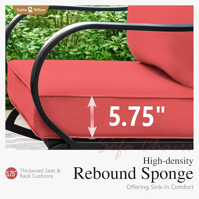 Sophia & William Patio Furniture Sets 7 Seats Outdoor Conversation Set 6 Pcs,2 x Cushioned Swivel Sofa Chairs,1 x 3-Seat Sofa,2 Ottomans, Marbling Metal Coffee Table Patio Backyard Poolside Red