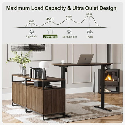 BANTI Executive L Shaped Standing Desk, 66 Inch with 2-Drawer File Cabinet, Electric Height Adjustable Stand up Desk, Home Office Computer Desk with Shelves, Black Walnut Top
