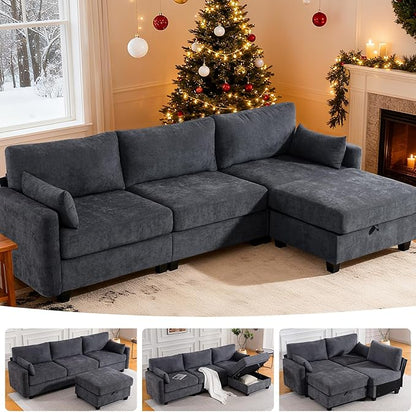 109'' Modular Sectional Sofa, L Shaped Couch with Storage Ottoman, Comfy Cloud Sofa with Deep Seat, 4 Seat Convertible Sectional Couches for Living Room (Gray, High Legs 3.15'')