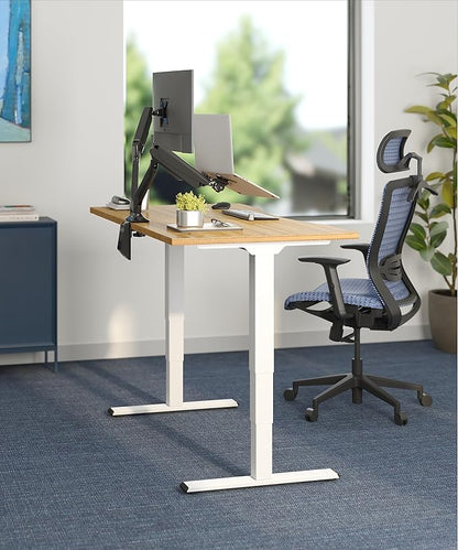 FlexiSpot E6 Bamboo 3-Stage Dual Motor 60 x 30 Electric Standing Desk Sit Stand Up Desk, Holds 220 lbs, Adjustable Height w/ Memory Presets, Solid Bamboo Curved Desktop & White Frame, Ships in 2 Boxes