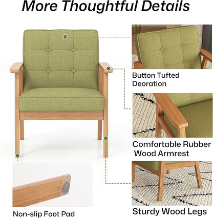 Modern Accent Chair with Arm Rest, Upholstered Linen Fabric Leisure Chair Comfy Side Chair with Backrest Button and Wooden Frame for Living Room Bedroom Reading(Green)