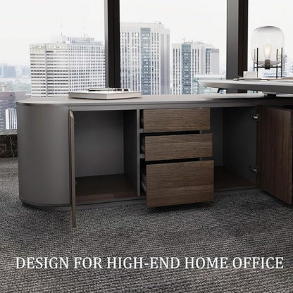 94.5" Reversible L-Shaped Adjustable Height Executive Desk with Oval Storage Cabinet - Black/Brown Standing Desk, Rounded Corners, 3 Drawers & 2 Door Compartments, Flexible Home & Office Workstation