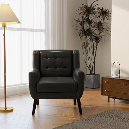 Accent Chair, Mid-Century Modern PU Leather Chairs with Arms for Living Room, Comfy Upholstered Club Single Sofa Armchair for Bedroom Waiting Room with Solid Wood Frame（Leather Black, Set of 1)
