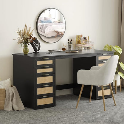 WOPITUES 60" Boho Home Office Desk with 10 Wooden Drawers, Rattan Computer Writing Desk with Power Outlets, Large Executive Desk with Storage Cabinet for Work Study Writing Craft, Black