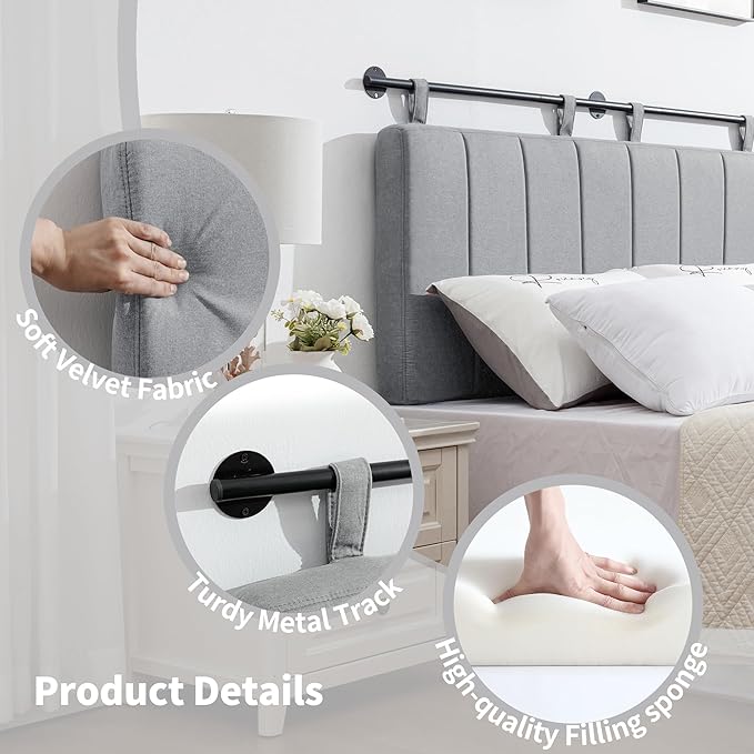 UEV King Headboard Only, Wall Mounted Hanging Upholstered Bed Head Board, Modern Vertical Channel Design of Fine Linen, Elegant Grey Fluted Headboard for Bedroom (Grey, King Size)