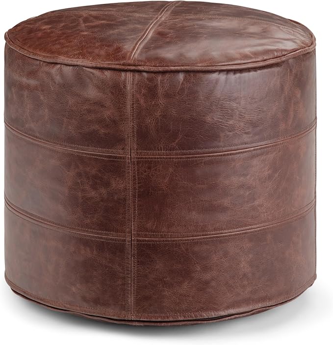 SIMPLIHOME Connor Round Pouf - 18 inch Wide Upholstered Genuine Leather Ottoman in Distressed Brown, Boho Footstool or Extra Seating for Living Room or Bedroom with Polystyrene Filling, Assembled