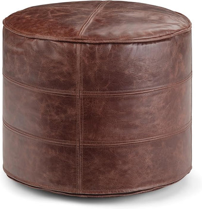 SIMPLIHOME Connor Round Pouf - 18 inch Wide Upholstered Genuine Leather Ottoman in Distressed Brown, Boho Footstool or Extra Seating for Living Room or Bedroom with Polystyrene Filling, Assembled