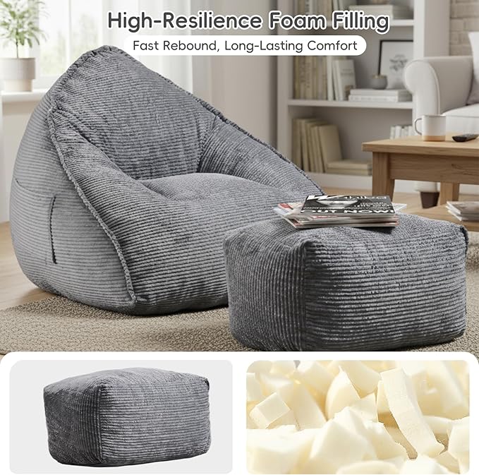 Cloud Bean Bag Chair with Ottoman for Adults, Comfy Corduroy Chaise Lounge Chair with High-Resilience Foam, Oversized Boneless Reading Chair for Bedroom & Living Room (Grey)