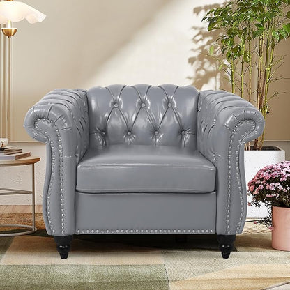 2 Piece Living Room Sofa Set, 3 Seater Faux Leather Sofa Couch and Chair Set, Mid Century Modern Upholstered Couch with Cushions, Vintage Comfy Tufted Chesterfield Couches for Bedroom, Office (Grey)