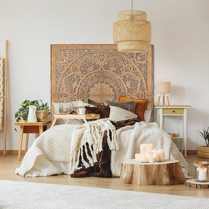 King Wood Headboard Rustic | Carved Full Head Board Only | Wooden Wall Art Full Size Bed | Wall Mount Decor King or Queen | Bed Headboard Panels