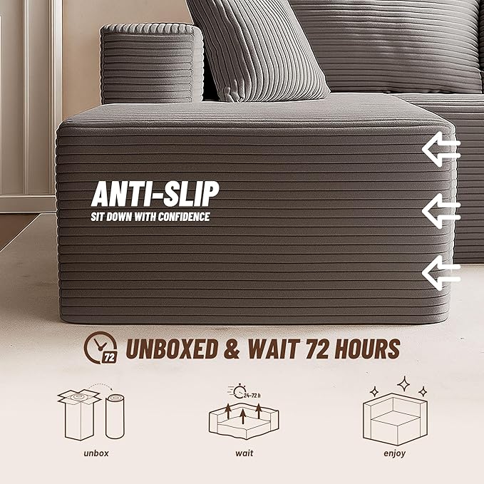 107" Boneless Couch with Deep Seat, Modular Sectional Sofa, Cloud Sectional Couch for Living Room, No Assembly Required, Corduroy, U-Shape 3 Seater Right, Gray