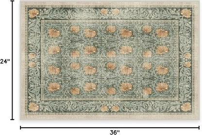RUGGABLE x Morris & Co Machine Washable Area Rug – Pimpernel Vintage Green 2x3, Stain-Resistant, Non-Slip – Small Rugs for Living Room, Bedroom, Hallway, Entryway & Bathroom–with Cushioned Pad