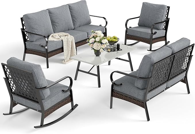 5 Piece Metal Outdoor Patio Furniture Set, Patio Conversation Sets 3-Seater Sofa, 2-Seater Sofa, 2 Rocking Sofa with 5.75" Thick Cushion & Coffee Table Black Backyard Furniture, Gray