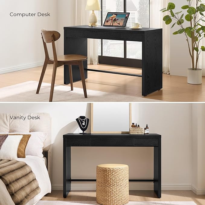 SICOTAS Home Office Executive Desk - 47-Inch Computer Desk with Drawer, Farmhouse Writing Study Desk with Storage,Boho Makeup Vanity Table for Bedroom (Black Oak, 2 Pieces)