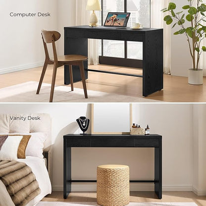 SICOTAS Home Office Executive Desk - 47-Inch Computer Desk with Drawer, Farmhouse Writing Study Desk with Storage,Boho Makeup Vanity Table for Bedroom (Black Oak, 2 Pieces)
