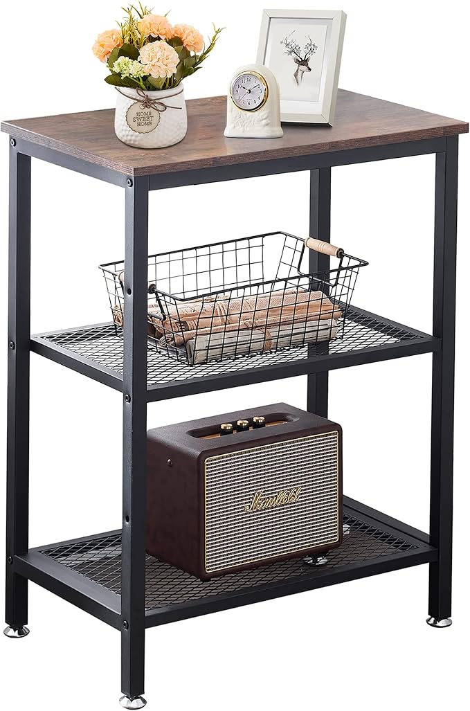 VECELO Tall End Side Tables,30" Height Nightstand with 3-Tier Storage Shelf for Bedroom Living Room, Easy Assembly,Industrial Style, Brown