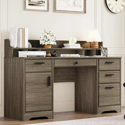 58 Inch Executive Desk with File Drawers, Computer Desk with Storage, Rustic Desk with Adjustable Shelves, Office Desk with Hutch for Bedroom, Grey