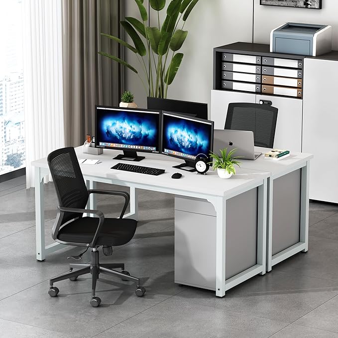 NSdirect Large Office Desk for Home Office, Large 63” Computer Desk Table, Wide Writing Study Desk for 2 Person, Metal Sturdy Frame Thicker Steel Legs,Warm White