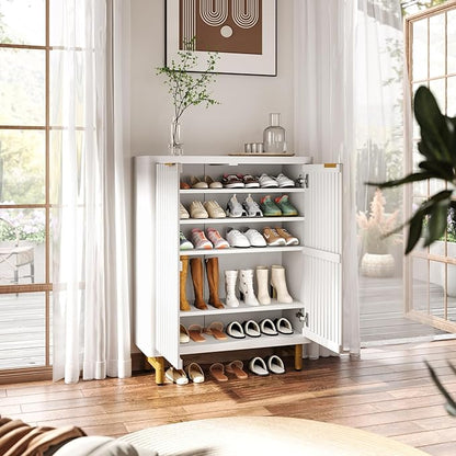 Tribesigns 6-Tier Farmhouse Shoe Cabinet with Shutter Doors, Wooden Shoe Organizer Rack with Adjustable Shelves, Modern Large Hidden Storage Furniture for Entryway, Hallway (White&Gold)