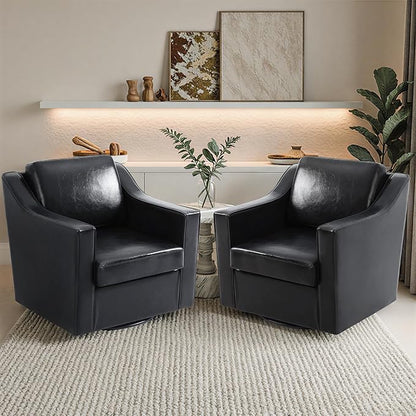 Pia Ricco Set of 2: Modern Oversized Faux Leather Swivel Accent Chairs w/Removable Covers for Living Room, Reception Value Pack,Black