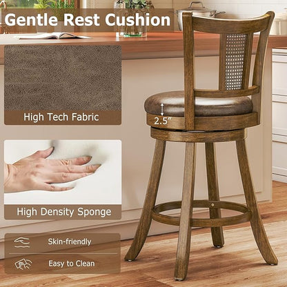 COSTWAY Counter Height Barstools Set of 2, 25” Solid Rubber Wood Swivel Counter Chairs with Faux Leather Seat, Curved PE Rattan Back, for Living Room & Kitchen Island, Brown (2, 25” Seat Height)
