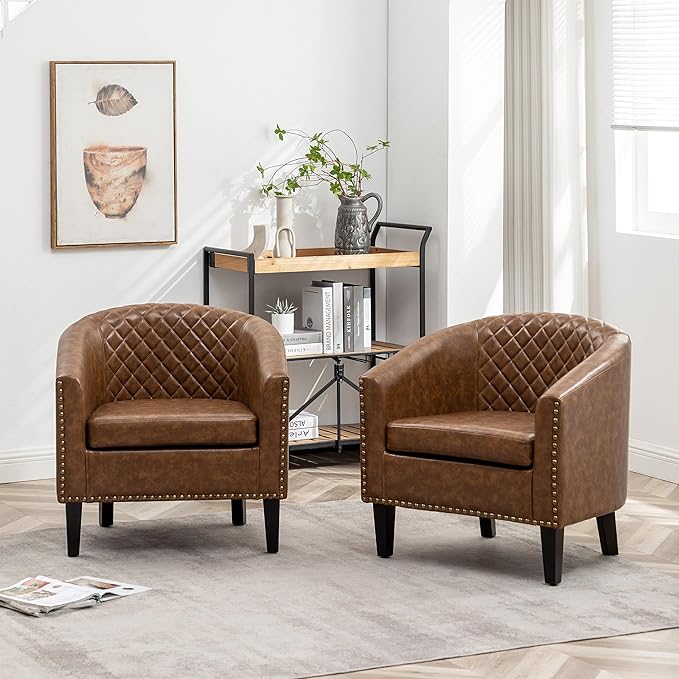 KINWELL 29" W Faux Leather Barrel Chairs Set of 2, Modern PU Upholstered Tufted Club Chairs with Nailhead Trim, Small Armchairs Accent Chairs for Living Room Bedroom Apartment Lounge Nursery, Coffee