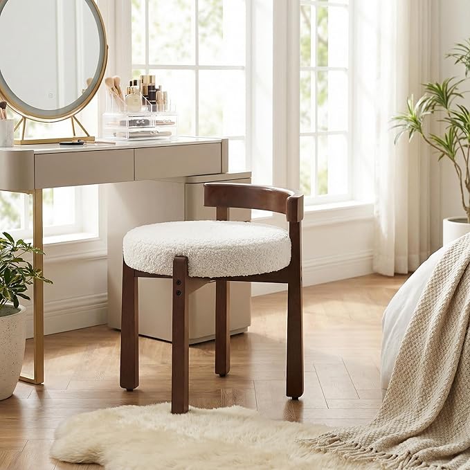 HNY Modern Boucle Ottoman : Upholstered Vanity Chair with Solid Wood Legs, Cute Round Footrest for Bedroom & Living Room, White