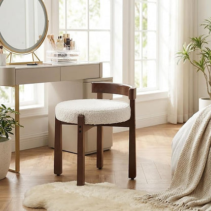 HNY Modern Boucle Ottoman Set of 2 Upholstered Vanity Chair with Solid Wood Legs, Cute Round Footrest for Bedroom & Living Room, White
