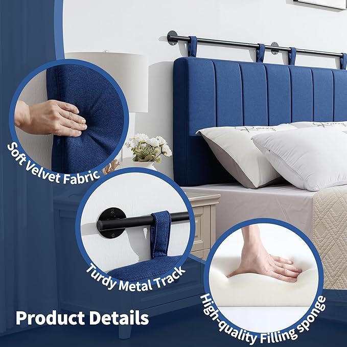 UEV King Headboard Only, Wall Mounted Hanging Upholstered Bed Head Board, Modern Vertical Channel Design of Fine Linen, Elegant Dark Blue Fluted Headboard for Bedroom (Dark Blue, King Size)