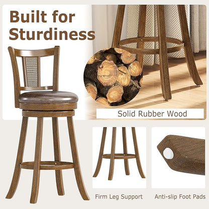 COSTWAY Barstools Set of 2, 30” Solid Rubber Wood Swivel Bar Chairs with Faux Leather Seat, Curved PE Rattan Back, for Living Room & Kitchen Island, Brown (2, 30” Seat Height)