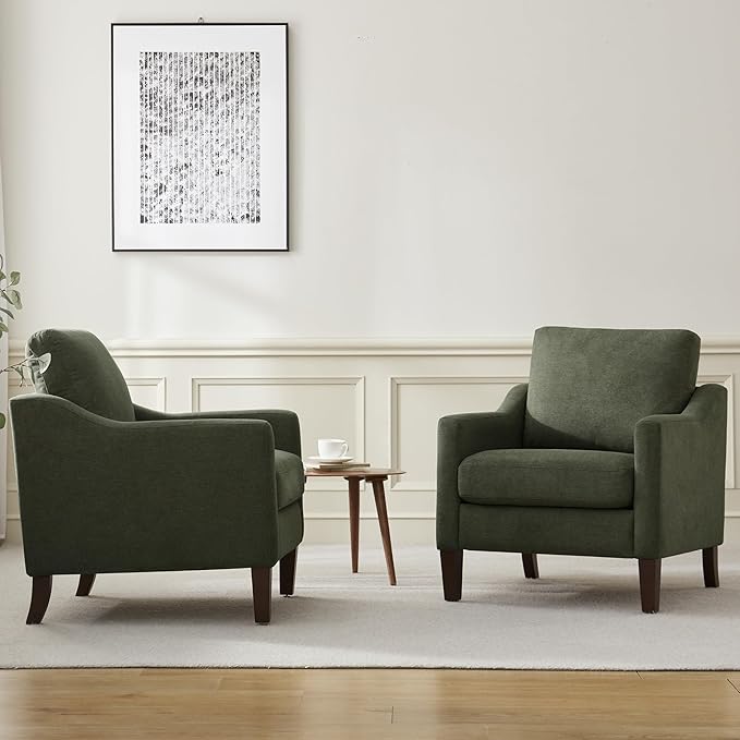 VKNOW Mid Century Modern Accent Chair, Upholstered Living Room Chairs Armchair for Bedroom, Comfy Reading Accent Chairs with Wood Legs for Living Room (2, Green)
