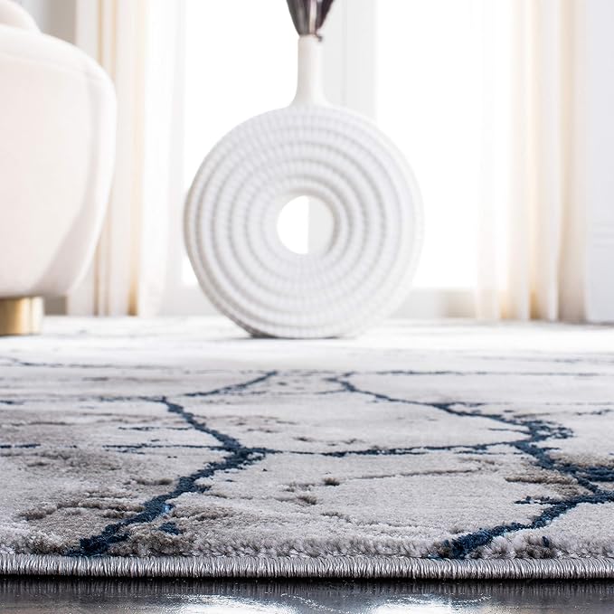 SAFAVIEH Craft Collection Area Rug - 5'3" Square, Ivory Grey & Blue, Modern Abstract Design, Non-Shedding & Easy Care, Ideal for High Traffic Areas in Living Room, Bedroom (CFT877M)