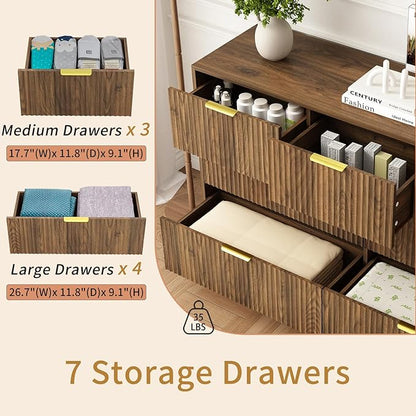 7 Drawers Dresser for Bedroom，55" Wide Fluted Dresser with Deep Drawers, Modern Chest of Drawers, Mid Century Wood TV Stand Storage Organizer for Closet, Living Room, Hallway, Natural