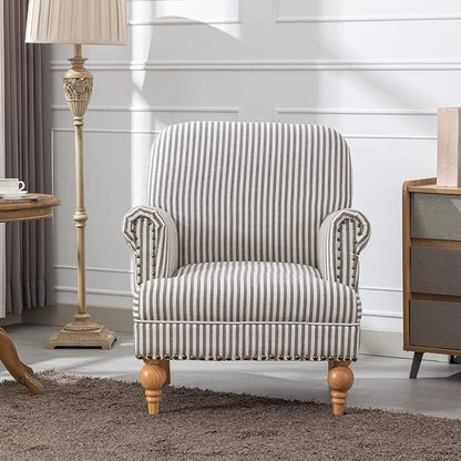 Linen Accent Chairs Set of 2 Mid-Century Modern Living Room Armchair with Nailhead Trim & Wood Legs Comfy Upholstered Single Sofa Chair for Lounge/Bedroom/Reception, Black Stripe
