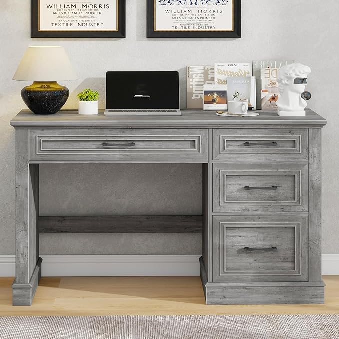 Vabches Farmhouse 47" Executive Desk, Computer Desk with Drawers and File Drawer, Workstation Computer Desk with Charging Station for Home Office,Study,Grey.